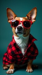 Stylish dog in red checkered shirt and sunglasses