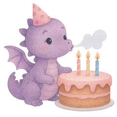 Purple dragon blowing out birthday candles on pink cake with party hat in cute watercolor celebration design