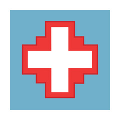 Pixelated medical cross icon against a light blue background for healthcare and first aid