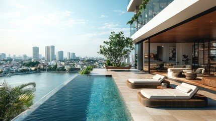 Fototapeta premium High-rise penthouse with infinity pool and city views. Luxurious outdoor living space overlooking a river and city skyline. Modern design, sleek lines, and natural elements