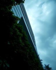 modern brutalism building with lush greenery, created by generative ai