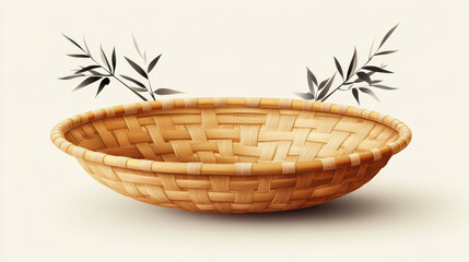 Fototapeta premium Vintage-style flat vector illustration of a bamboo winnowing basket, isolated