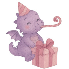 Adorable purple dragon with gift box and party horn smiling in cute birthday watercolor illustration