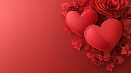 Happy Valentines Day card, background for celebration. A dynamic display of red hearts on a rich red background with sparkling elements.