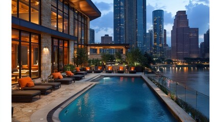 Obraz premium Modern luxury penthouse with city views and rooftop pool. Outdoor living area featuring comfortable seating around a sparkling pool, overlooking a bustling city skyline at twilight