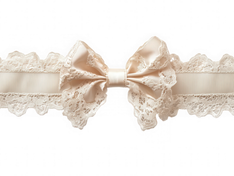 Ivory lace ribbon with bow detail on a black background on transparent background