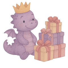 Purple dragon with golden crown sitting beside stack of pastel birthday presents in gentle watercolor theme