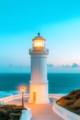 Coastal lighthouse glowing at twilight, path leading to it