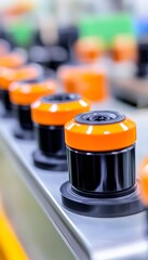 Conveyor belt with cylindrical components, featuring orange tops and black bases, moving in a production line