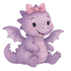 Cute purple dragon sitting with pink bow and wings smiling in pastel watercolor style for birthday decor