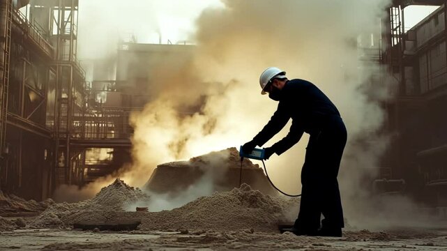 Engineer in helmet inserts a temperature probe into a mound of sand inside a steam-filled industrial facility, showcasing renewable heat storage monitoring emission analysis, thermal energy inspection