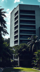 modern brutalism building with lush greenery, created by generative ai