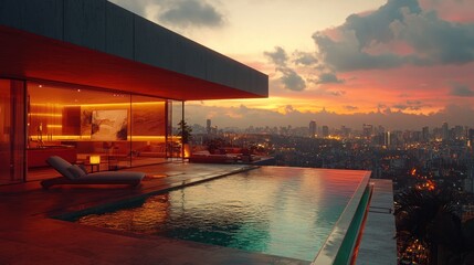 Fototapeta premium Modern penthouse rooftop pool, sunset view