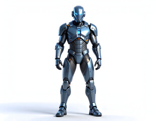 in a stark white setting, a futuristic, metallic figure stands erect. the figure's body is encased in blue gray armor with orange accenting, giving it a sleek, robotic appearance