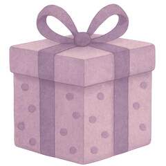Pastel purple gift box with polka dots and large ribbon bow in soft watercolor texture for celebration design