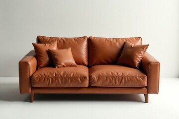 Fototapeta premium Comfortable Brown Leather Sofa with Plush Cushions for a Relaxing Living Room