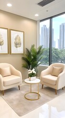 Elegant waiting area with beige armchairs, a small round table, and artwork.  Large windows offer city views