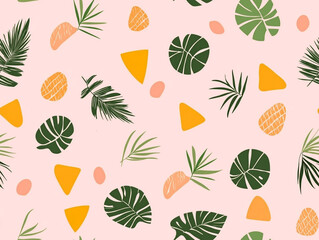 A vibrant pattern of tropical leaves and abstract shapes in teal, yellow, pink, and black adorns a light pink background.