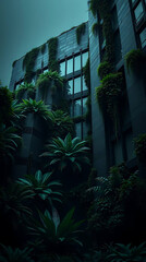 modern brutalism building with lush greenery, created by generative ai