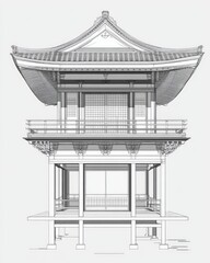 Obraz premium Detailed illustration of a pagoda architectural structure rendered in black and white. The image showcases the building's intricate design against a clean background.