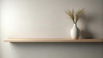Simple elegance a minimalist wooden shelf displays a creamy white vase with dried floral arrangement against a neutral wall