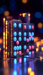 Futuristic city skyline rendered with vibrant glowing dominoes