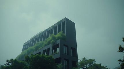modern brutalism building with lush greenery, created by generative ai