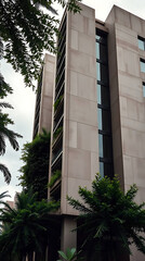 modern brutalism building with lush greenery, created by generative ai