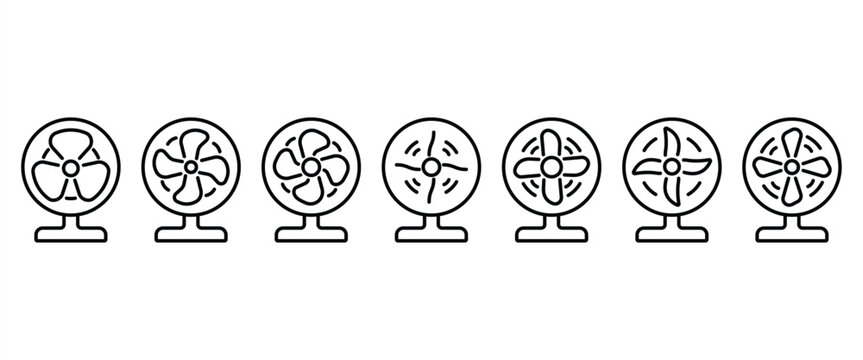 Simple Fan set  of Stand floor fan linear icon. Home cooling fan. Thin line illustration. Household appliance Vector isolated in transparent background. Icon set. Editable Stroke.