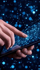 Hand interacts with a digital network displayed on a tablet