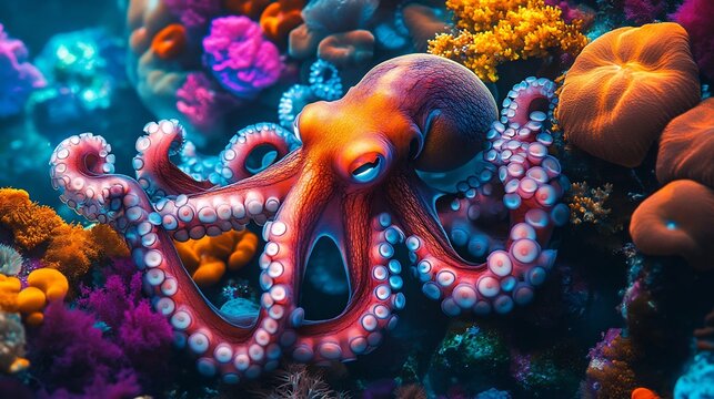 Octopus changing colors while camouflaging into vibrant reef backdrop magical marine adaptation no human no labelling no logo