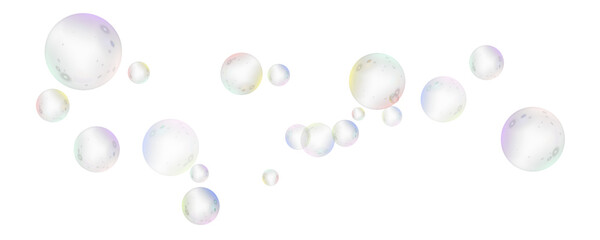 Realistic soap vector bubbles png isolated on transparent background. The effect of falling and flying bubbles. Glass bubble effect.	
