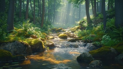 Obraz premium Misty forest creek bathed in sunlight