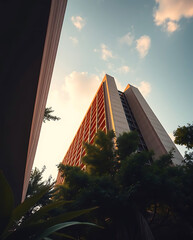 modern brutalism building with lush greenery, created by generative ai