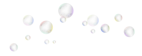 Realistic soap vector bubbles png isolated on transparent background. The effect of falling and flying bubbles. Glass bubble effect.	
