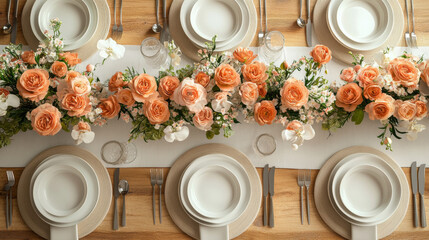White table runner and dining setup mockup with dishes and cutlery, 3D rendered