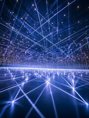 Illuminated network grid, glowing nodes connect across a vast, dark space