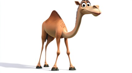 Naklejka premium A cheerful, cartoon camel stands against a white background, its long neck and single hump visible