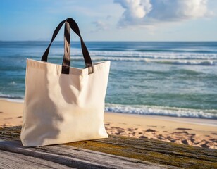 Promotional textile bag featuring a beach background, ideal for branding and printing. Generated with AI
