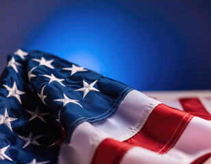 American flag on blue background, US presidential election. Generated with AI