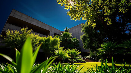 modern brutalism building with lush greenery, created by generative ai