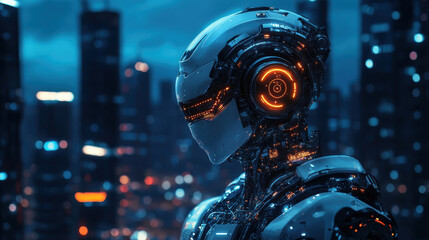 Fototapeta premium Futuristic Robot in a Glowing City Nightscape