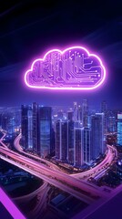 Neon cloud computing over a vibrant cityscape at night