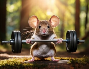 Powerful anthropomorphic mouse working out in the woods. Generated with AI