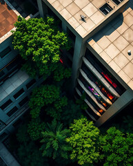 modern brutalism building with lush greenery, created by generative ai