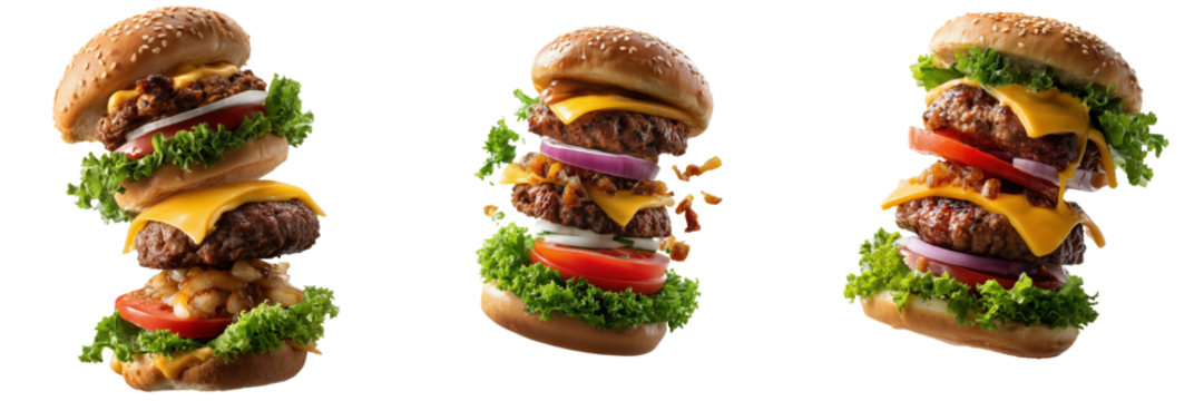 Stacked burger extravaganza on transparent background