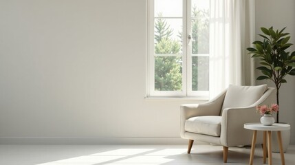 Fototapeta premium Serene Minimalist Living Room Interior Design with Comfortable Armchair and Natural Light Streaming Through Window