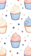 Playful pattern of cupcakes with colorful frosting and sprinkles