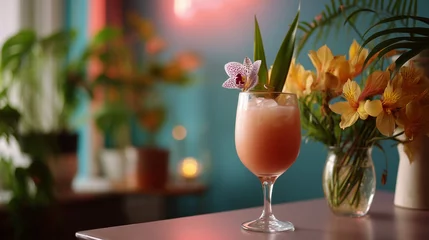 An exotic cocktail with dragon fruit and orchid garnish served in a vintage tiki glass, vibrant neon background..
