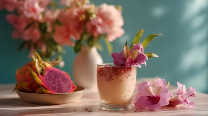 An exotic cocktail with dragon fruit and orchid garnish served in a vintage tiki glass, vibrant neon background..